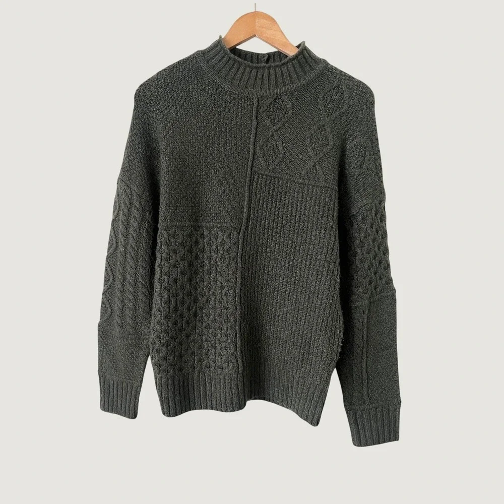 American Eagle Olive Green Patchwork Cable Knit Mock Neck Sweater Mens Small